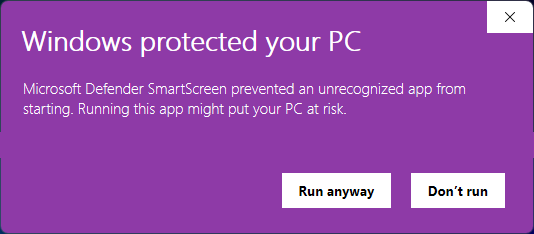 The same dialog after clicking More info, now showing a “Run anyway” button beside “Don’t run”